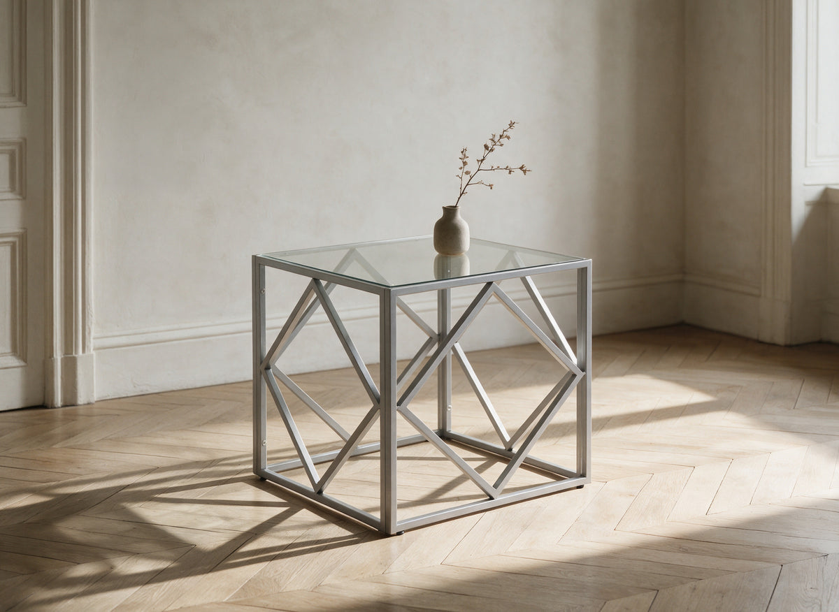 Quadratischer Designer-Couchtisch ELIO aus Glas und Metall