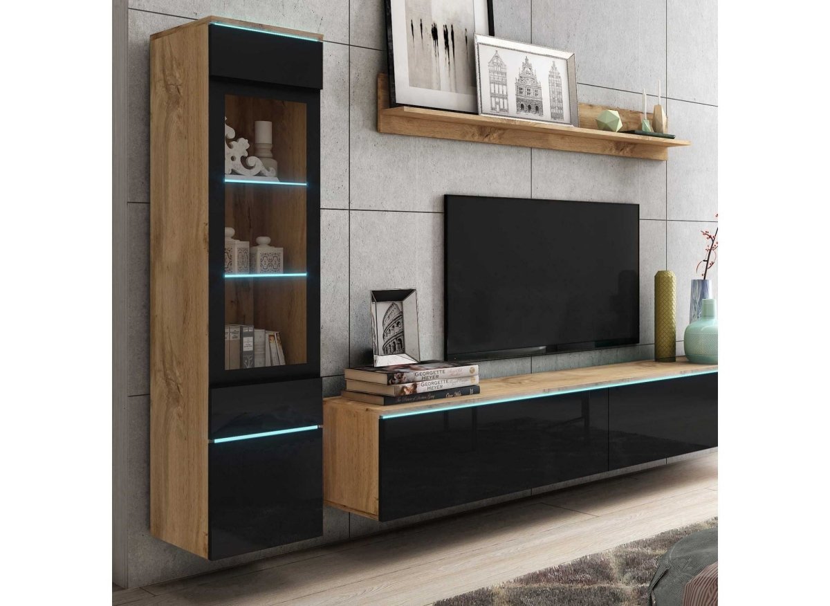 Meuble TV contemporain chêne et noir laqué avec LED - VERONICA - DécoInParis