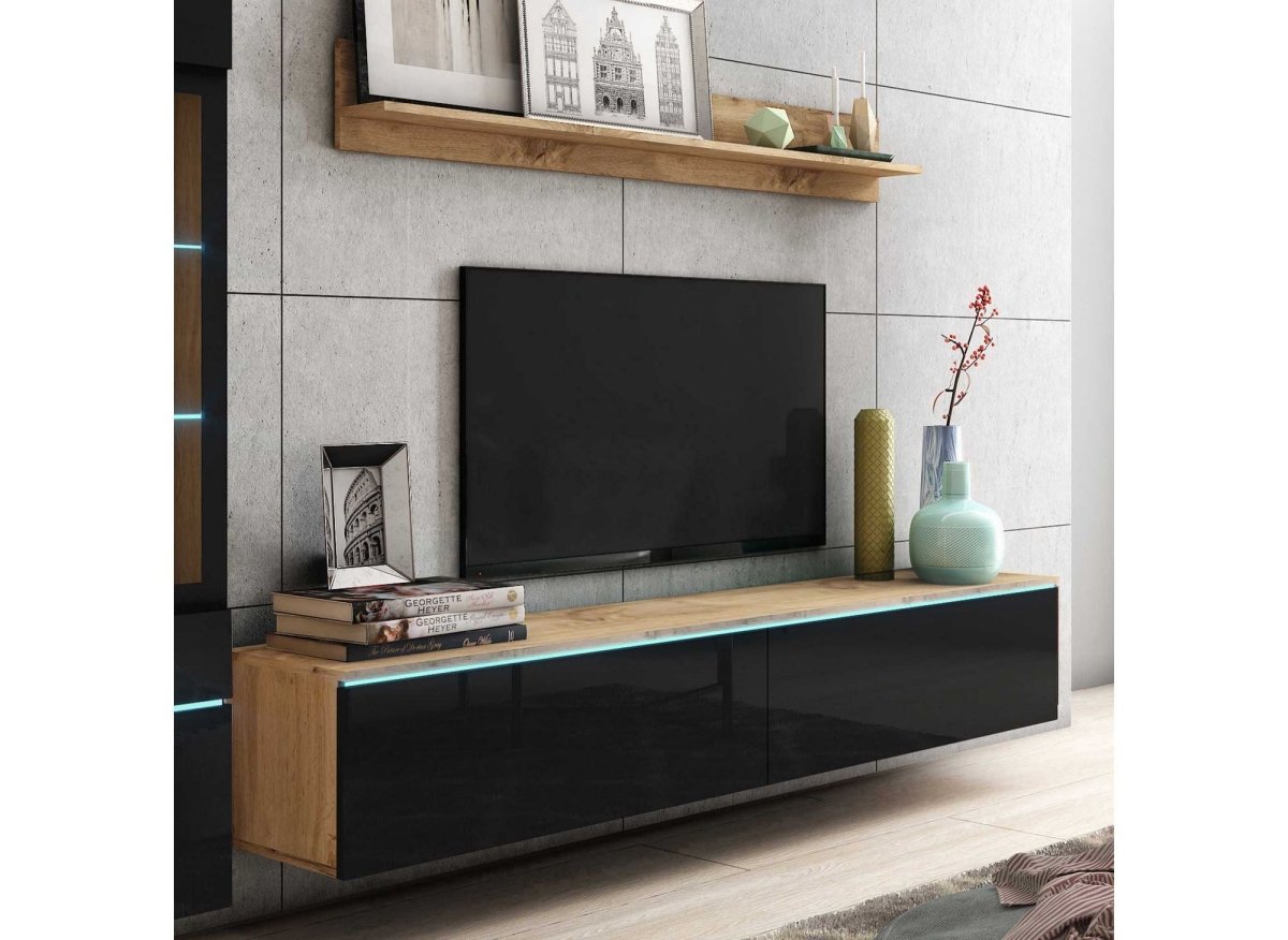 Meuble TV contemporain chêne et noir laqué avec LED - VERONICA - DécoInParis