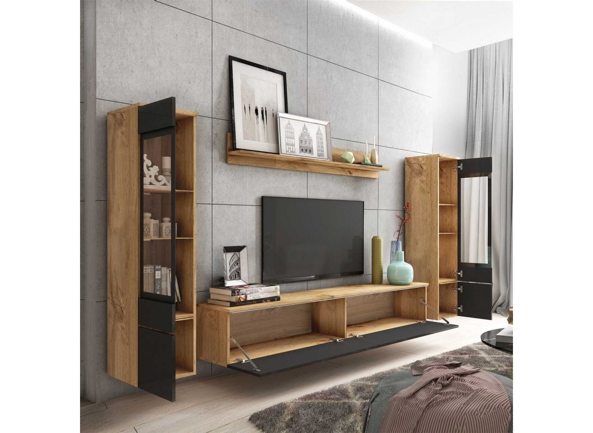 Meuble TV contemporain chêne et noir laqué avec LED - VERONICA XL - DécoInParis