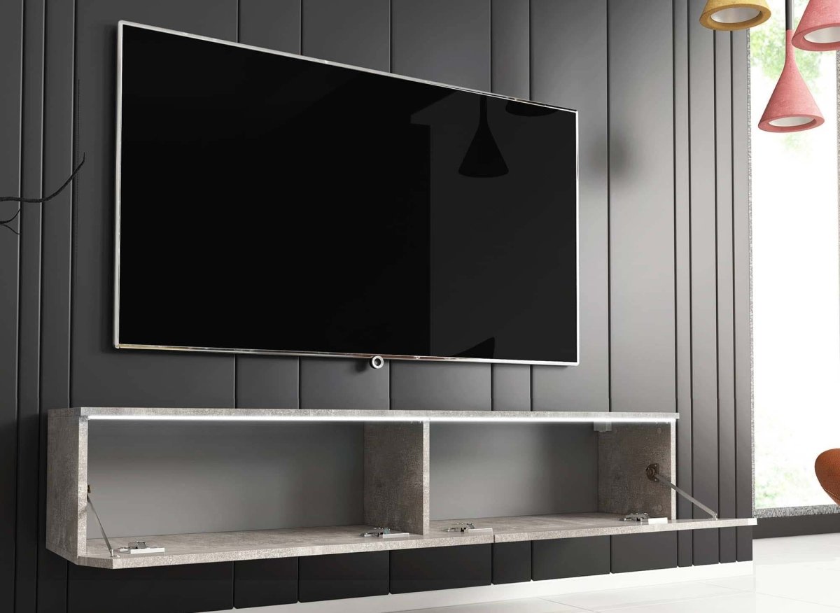 Meuble TV contemporain gris béton avec LED 2 portes MALORIE - 140 cm - DécoInParis