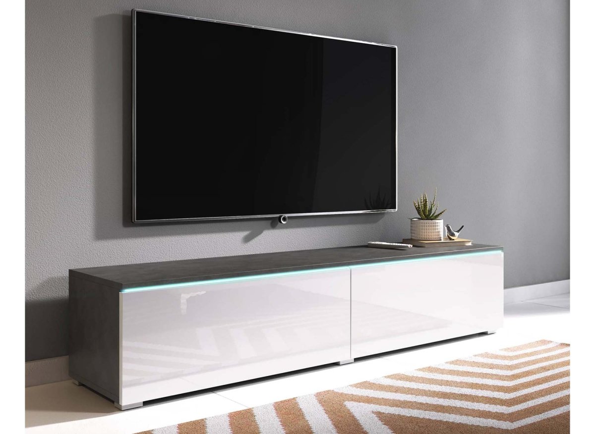 Meuble TV contemporain gris et blanc avec LED 2 portes MALORIE - 140 cm - DécoInParis