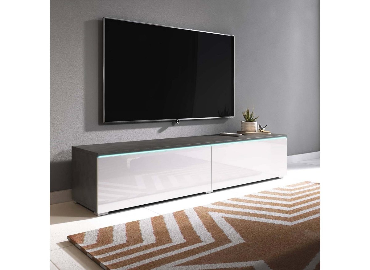 Meuble TV contemporain gris et blanc avec LED 2 portes MALORIE - 180 cm - DécoInParis