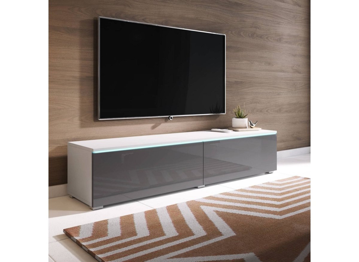 Meuble TV contemporain laqué gris et blanc avec LED 2 portes MALORIE - 180 cm - DécoInParis