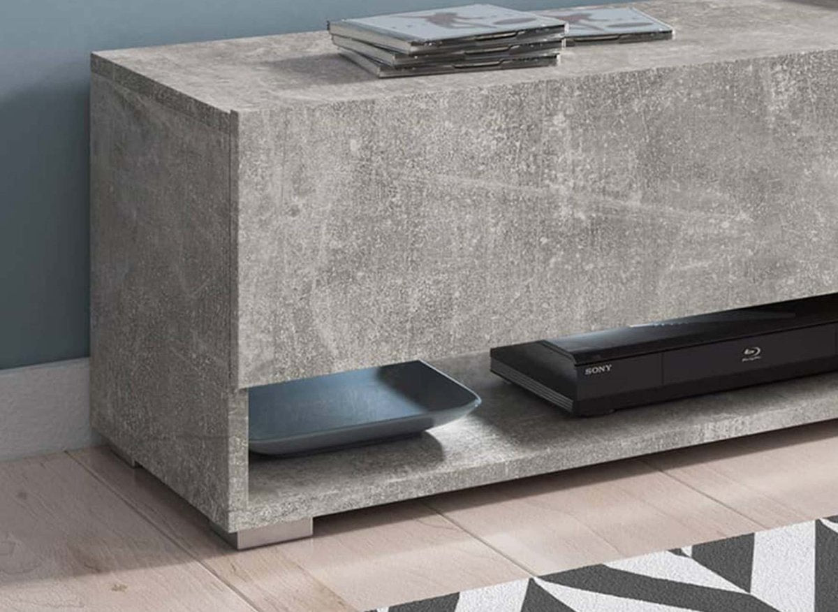 Meuble TV suspendu 2 portes 2 niches gris béton ROMANE XL - 140 cm - DécoInParis