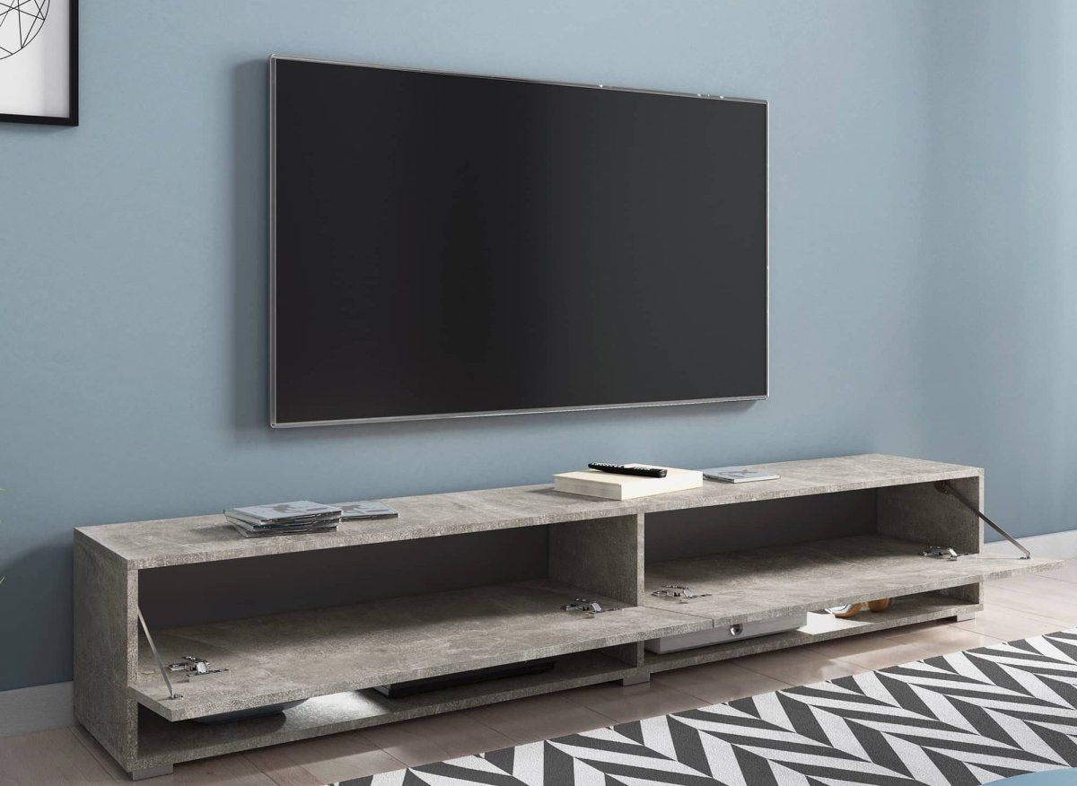 Meuble TV suspendu 2 portes 2 niches gris béton ROMANE XXL - 180 cm - DécoInParis