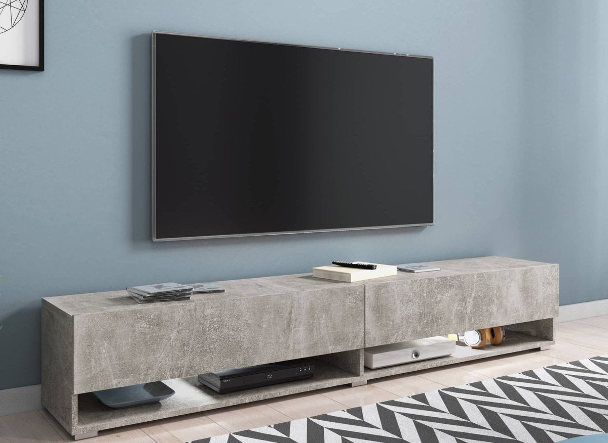 Meuble TV suspendu 2 portes 2 niches gris béton ROMANE XXL - 180 cm - DécoInParis
