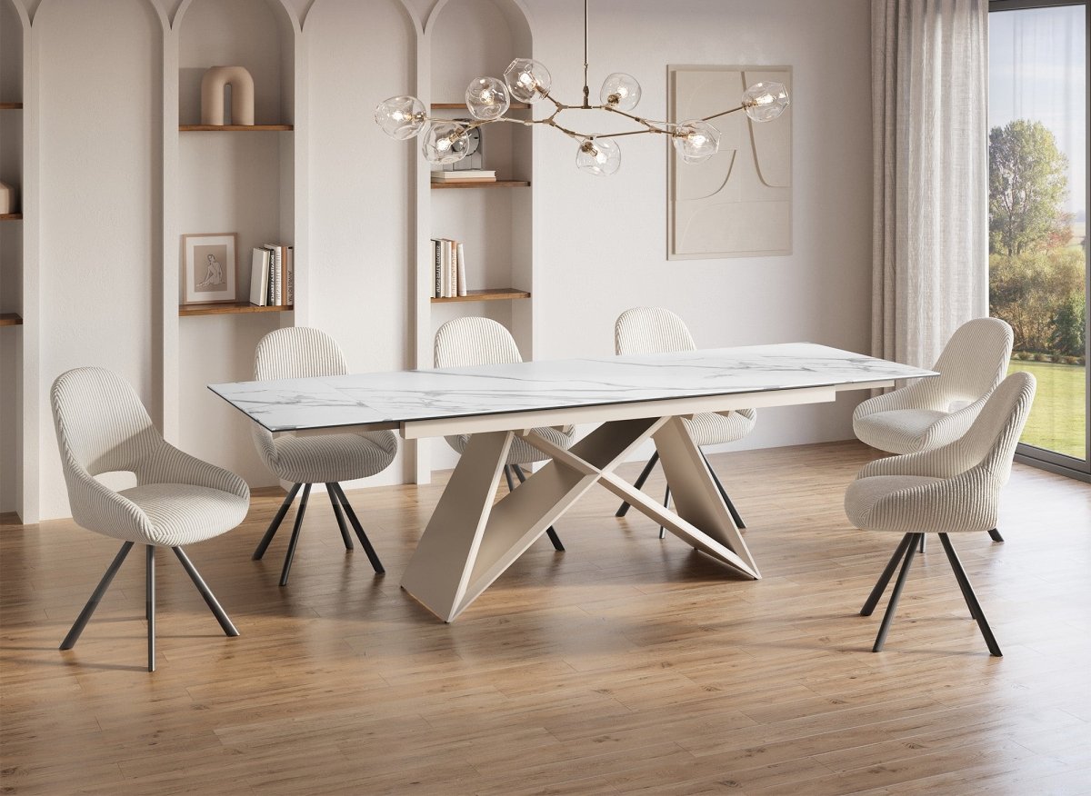 Ausziehbarer Esstisch GABRIEL mit weißer Keramikplatte für 10 Personen