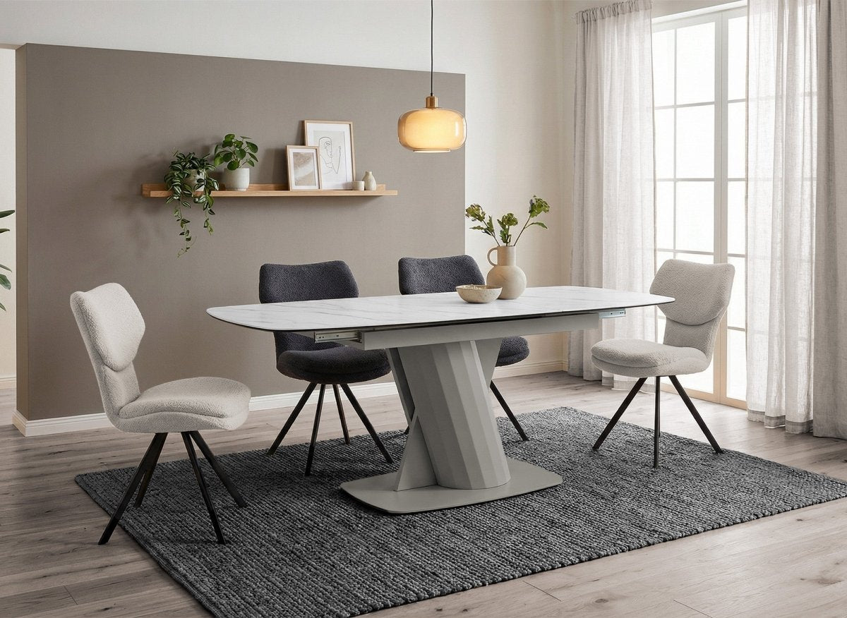 Table à manger extensible en métal beige plateau céramique blanc DUBAI - DécoInParis