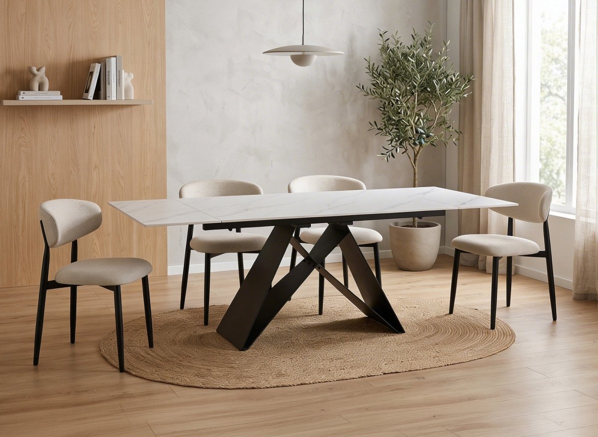 Table à manger extensible en métal noir avec plateau en céramique blanc HELSINKI - DécoInParis