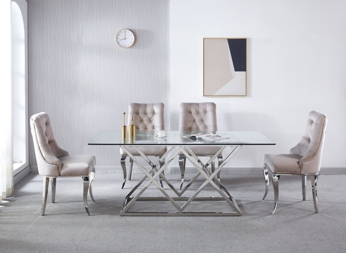 Table à manger rectangulaire en verre et pieds argentés JANICE - DécoInParis