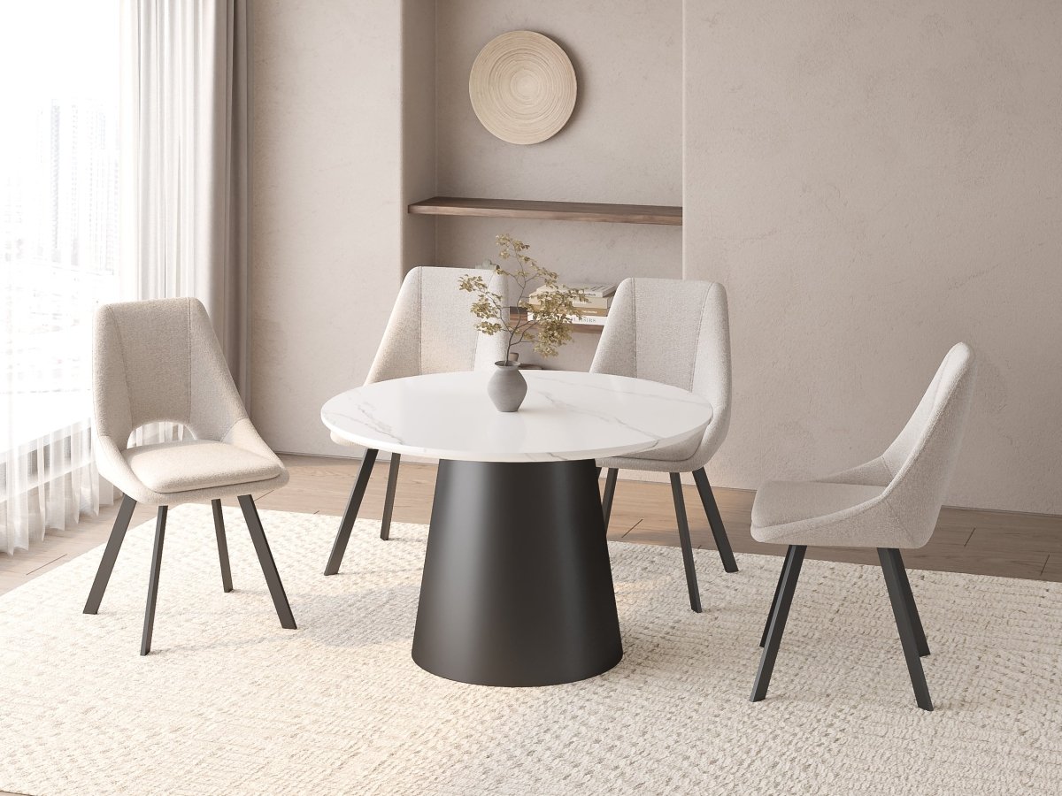 Table à manger ronde plateau effet marbre blanc 4 personnes AUBREY - DécoInParis