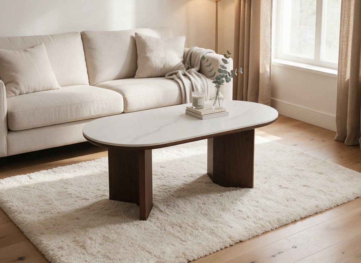 Table basse céramique beige pieds bois noyer AMANDINE - DécoInParis