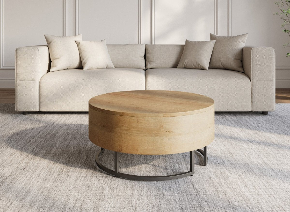 Table basse en bois avec plateau relevable et rangement pieds en métal noir BILLIE - DécoInParis