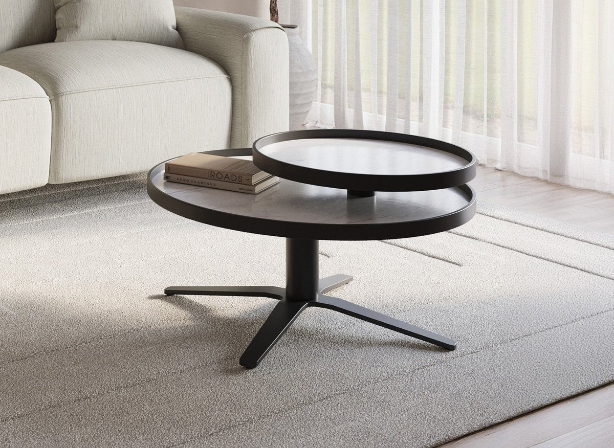 Table basse ronde à plateau pivotant en céramique blanche CLOELIE - DécoInParis