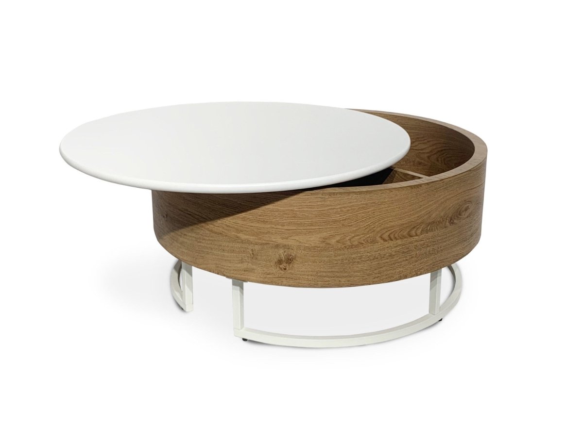 Table basse ronde avec plateau pivotant et rangement en bois et métal blanc BELYA - DécoInParis