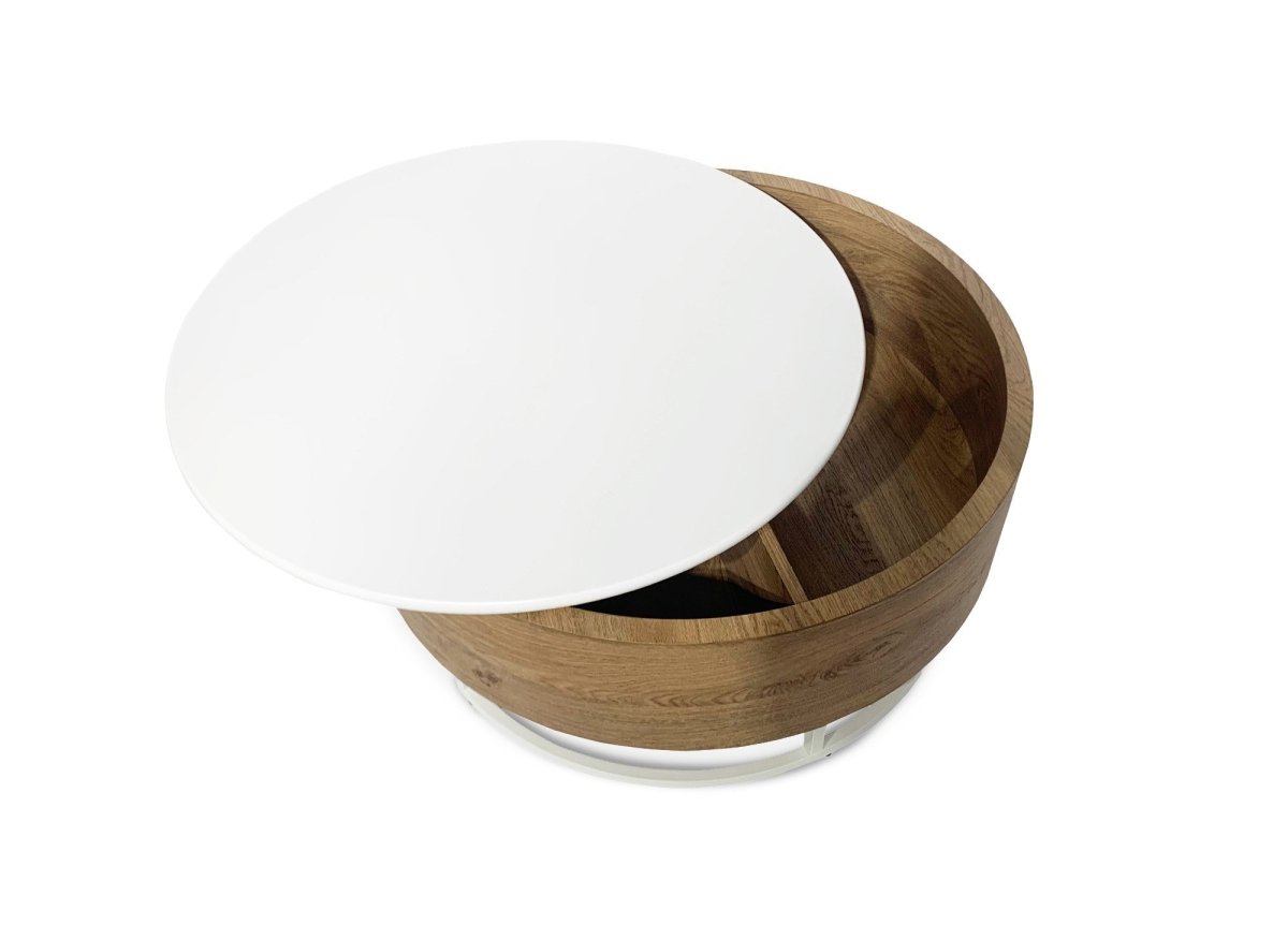 Table basse ronde avec plateau pivotant et rangement en bois et métal blanc BELYA - DécoInParis