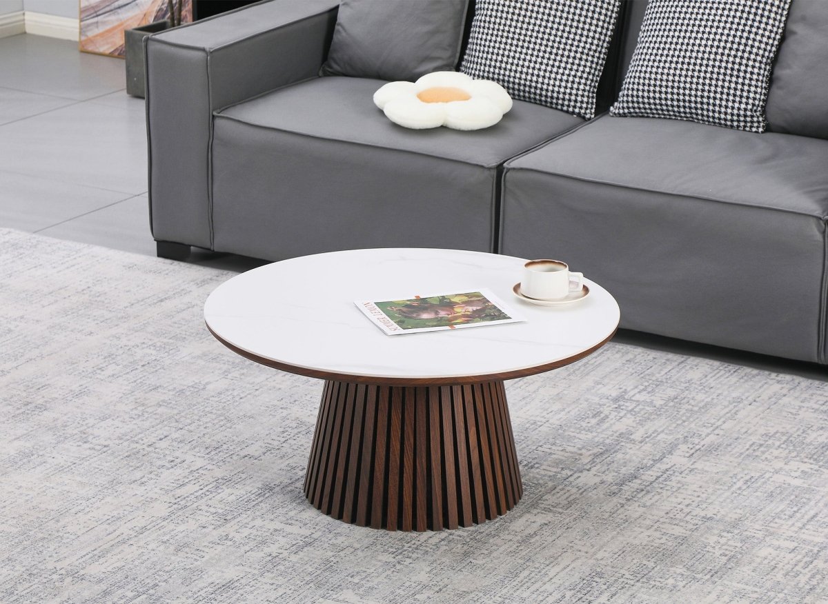 Table basse ronde en bois foncé plateau en céramique blanc HEKA - DécoInParis