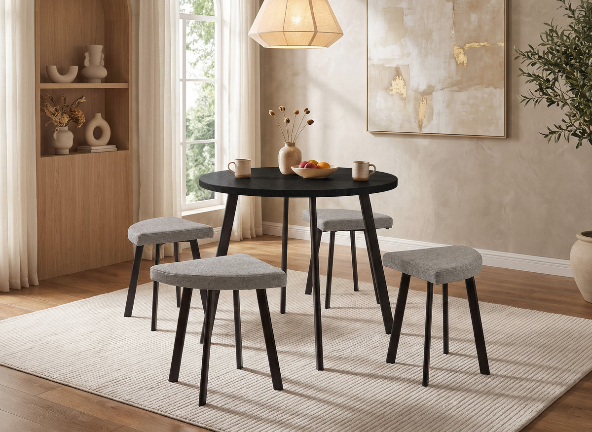 IRINA Esstisch-Set aus schwarzem Holz mit 4 grauen Hockern